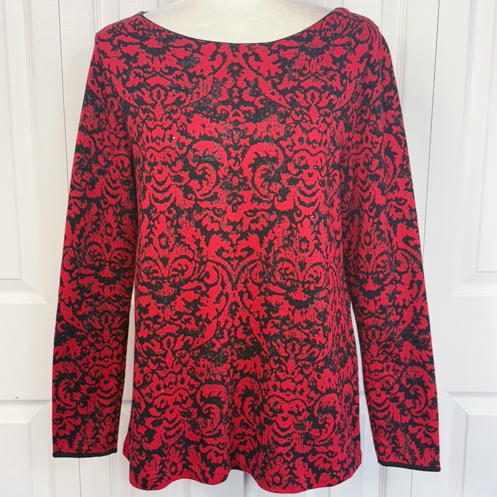 J. Jill Red & Black Beaded Metallic Print Long Sleeve Sweater Small